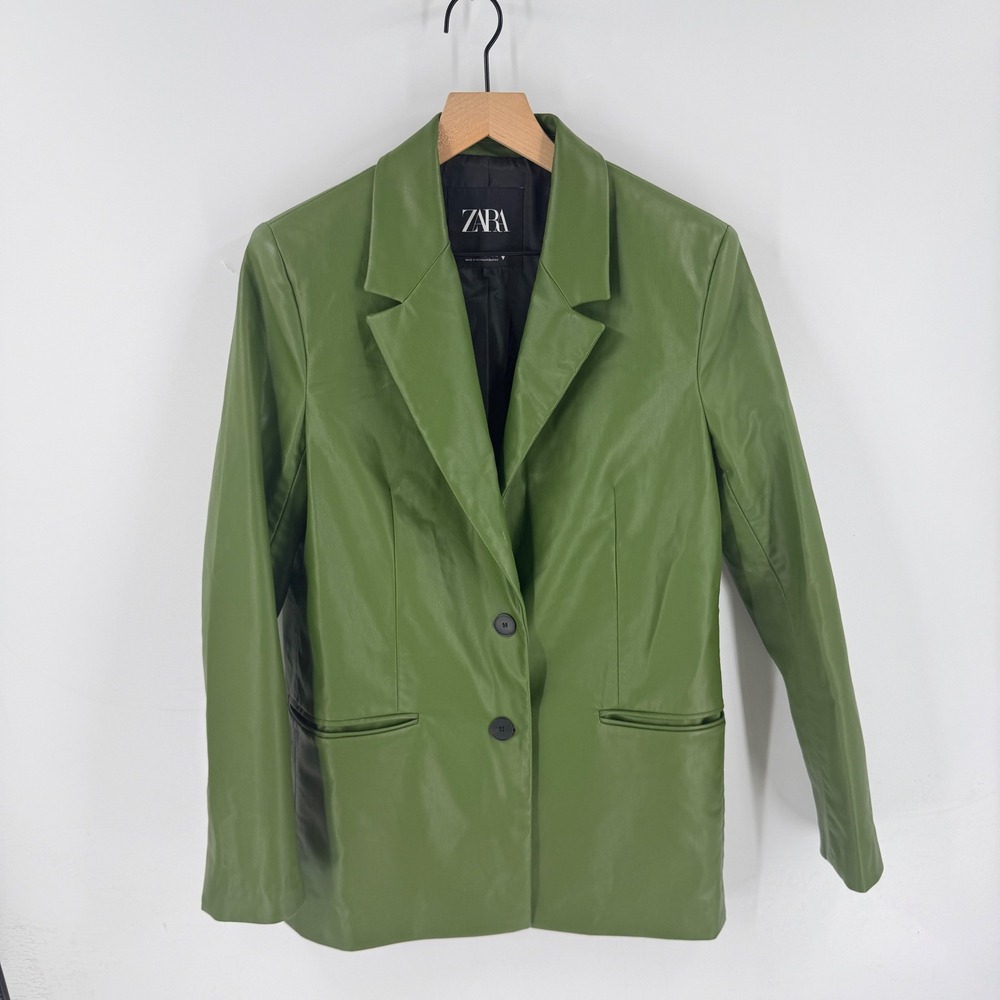 Zara Faux Leather Blazer Green Small Faux Leather Jacket Earthy Minimalist Fall